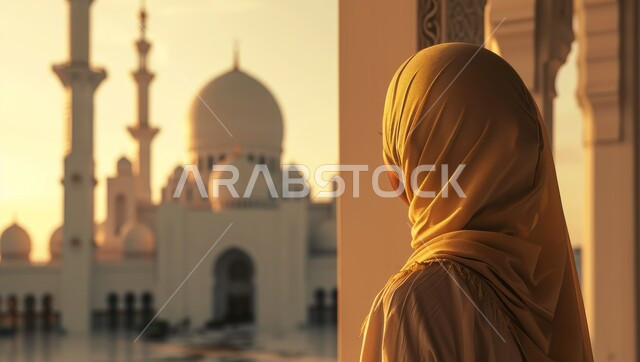 نداء المسلمين لاداء الصلاة، صورة من الخلف لامرأة عربية خليجية سعودية محجبة ترتدي العباءة والحجاب يقوم بتأمل غروب الشمس، الفن الهندسي المعماري للمساجد، العبادة والتقرب لله