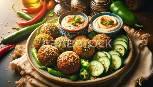 Saudi Arabian Gulf restaurants, a plate of crispy fried falafel discs with vegetables, delicious meals, delicious breakfast, recipes and traditional oriental food.
