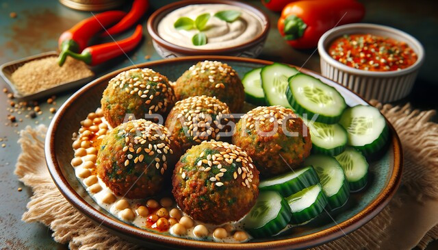 طبق من اقراص الفلافل المقلية المقرمشة مع الخضروات، مطاعم عربية خليجية سعودية، وجبات الطعام الشهية، وجبة افطار لذيذة، وصفات ومأكولات شرقية تقليدية