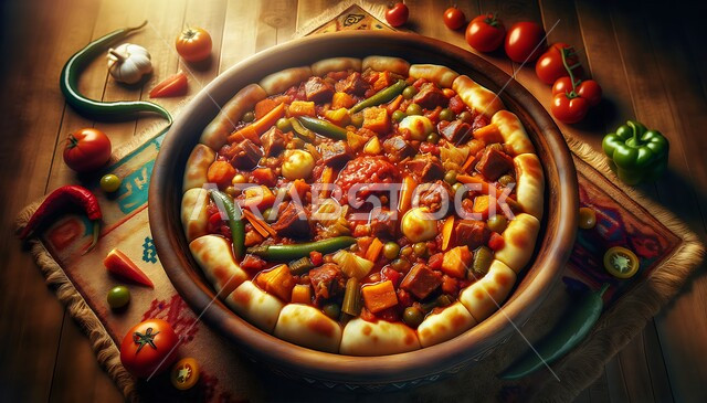 عجينة مطبوخة بصلصة الطماطم، مطاعم و مطابخ عربية سعودية خليجية، صورة من الأعلى لطبق من المطازيز مع اللحم والخضارعلى طاولة خشبية، مأكولات عربيه شعبية شهية، أطباق و وصفات تقليدية لذيذة