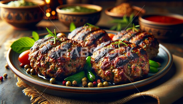 صحن من الكفتة الشهية مع الخضار، طبق من اللحم المشوي، أطباق و وصفات تقليدية لذيذة، مأكولات عربيه شعبية شهية، فنون تقديم الطعام في المملكة العربية السعودية