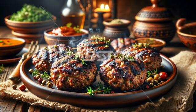 طبق من اللحم المشوي، صحن من الكفتة الشهية مع الخضار، أطباق و وصفات تقليدية لذيذة، مأكولات عربيه شعبية شهية، فنون تقديم الطعام في المملكة العربية السعودية