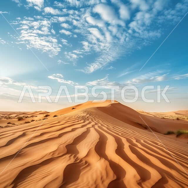 التلال و الهضاب الرملية الناعمة الذهبية، مناطق البادية والبيئة الطبيعية الصحراوية في النهار، التكوينات والتشكلات الرملية في صحراء المملكة العربية السعودية، التضاريس و المرتفعات في البراري