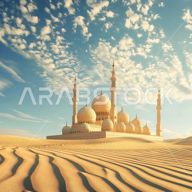مناطق البادية والبيئة الطبيعية الصحراوية في النهار، التكوينات والتشكلات الرملية في المملكة العربية السعودية، الهضاب و التلال الرملية الناعمة، رسوم ثلاثية الأبعاد لمسجد في الصحراء، خلفية الطبيعة