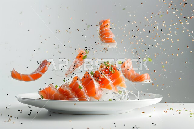 Delicious healthy food recipes, uncooked meals, healthy and nutritious eating, close-up of sizzling raw salmon, Japanese seafood, Asian foods in Saudi Arabia, white background