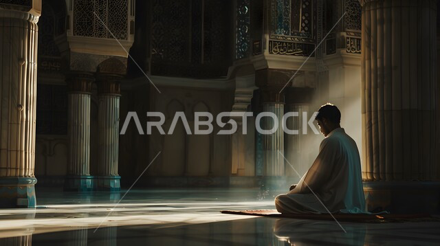 مفهوم الدعاء والتضرع والترجي، شاب عربي خليجي سعودي يجلس على الأرض ويصلي، التوبة والرجوع الى الله، الاجتهاد في العباده والطاعة في شهر رمضان المبارك, دخول أشعة الشمس الى الأماكن الاسلامية
