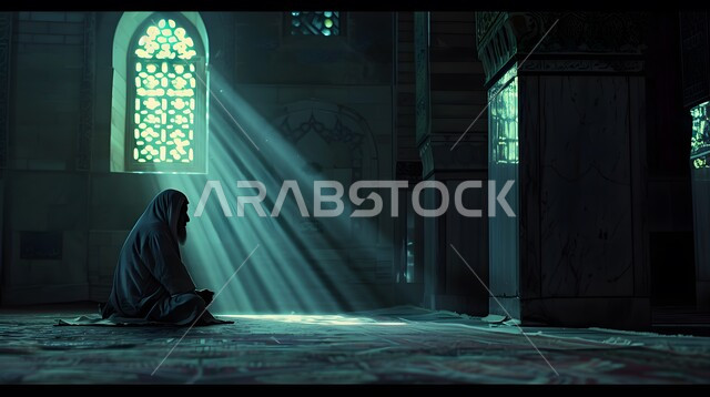 The entry of sunlight into Islamic places, the concept of supplication, supplication and hope, a Saudi Gulf Arab sheikh sitting on the ground inside the mosque, repentance and returning to God, diligence in worship and obedience in the blessed month of Ramadan.