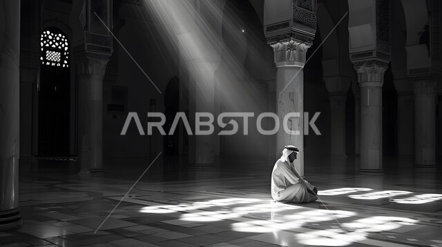 التوبة والرجوع الى الله، دخول أشعة الشمس الى الأماكن الاسلامية، مفهوم الدعاء والتضرع والترجي، رجل عربي خليجي سعودي يجلس على الأرض داخل المسجد، الاجتهاد في العباده والطاعة في شهر رمضان المبارك