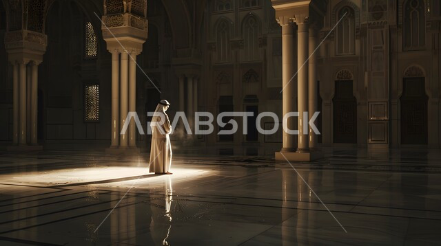 الاجتهاد في العباده والطاعة في شهر رمضان المبارك، مفهوم الدعاء والتضرع والترجي، رجل عربي خليجي سعودي يقف داخل المسجد، التوبة والرجوع الى الله، دخول أشعة الشمس الى الأماكن الاسلامية