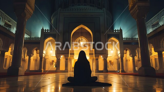Praying and getting closer to God Almighty, a silhouette of a Saudi Gulf Arab woman praying in the mosque at night, repenting and returning to God with good deeds, diligent worship and obedience in the blessed month of Ramadan, Silhouette