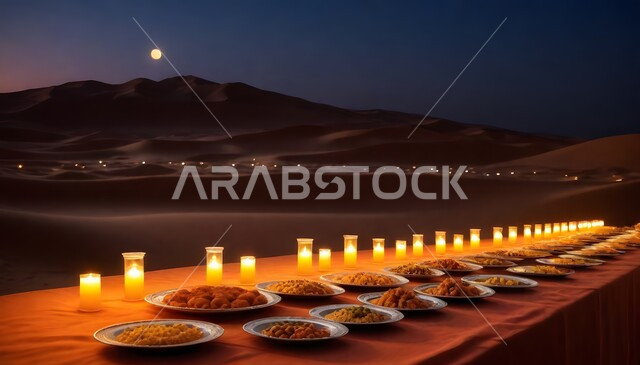 مفهوم مشاركة الطعام وإكرام الضيوف عند العرب، مائدة إفطار رمضانية مليئة بأصناف المأكولات الشرقية والمقبلات الشهية في الصحراء العربية السعودية، شموع وديكورات رمضانية على طاولة الطعام، خلفيه الطبيعة