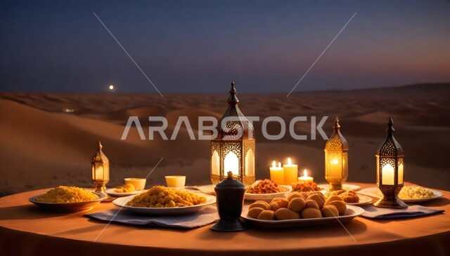 الاحتفال  بشهر رمضان المبارك وتزيين طاولة الإفطار بالشموع والفوانيس الرمضانية، مائدة طعام مليئة بأصناف المأكولات الشرقية والمقبلات الشهية في الصحراء العربية السعودية، خلفيه الطبيعة