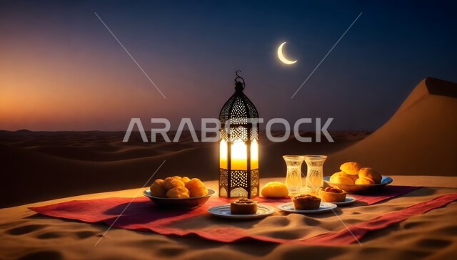 الأجواء الرمضانية الروحانية وتزيين سفرة الإفطار والسحور بالمصابيح المضيئة، مائدة طعام مليئة بأصناف المأكولات الشرقية والمقبلات الشهية في الصحراء العربية السعودية، خلفيه الطبيعة