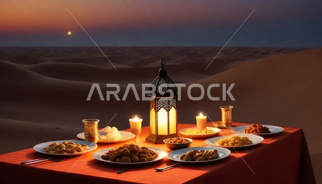 Candles and Ramadan decorations on the dining table, a Ramadan iftar table full of oriental foods and delicious appetizers in the Saudi Arabian desert, a nature background.