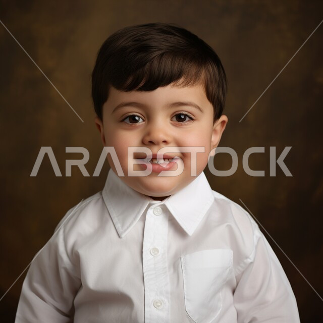 الاهتمام بالأطفال ذوي الاحتياجات الخاصة والعمل على تنمية قدراتهم ومهاراتهم، بورتريه مقرب لطفل عربي خليجي سعودي مصاب بمتلازمة داون ينظر إلى الكامير بإيماءات البهجة والسرور،  خلفية بنية