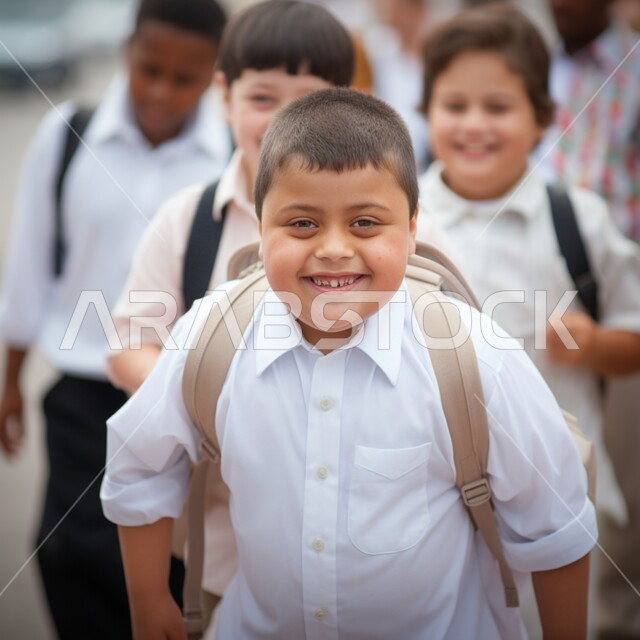 دمج الأطفال ذوي الاحتياجات الخاصة بالتعليم والعمل على تنمية مهارات التواصل لديهم، صورة لطفل سعودي مبتسم مصاب بمتلازمة داون يحمل حقيبة الظهر ويسير مع زملاءه في المدرسة