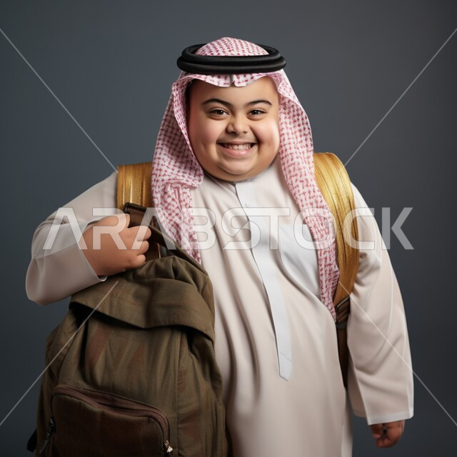 تنمية قدرات الأطفال ذوي الاحتياجات الخاصة والعمل على دمجهم بالتعليم، بورتريه لطفل عربي خليجي سعودي مبتسم مصاب بمتلازمة داون يرتدي الزي التقليدي يحمل حقيبة الظهر، خلفية رمادية
