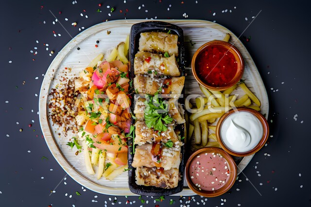 وجبات الطعام السريعة والشهية في المطاعم السعودية، صورة من الأعلى لطبق غذائي يحتوي على ساندويش شاورما الدجاج اللذيد مع مجموعة من الخضراوات والصوصات