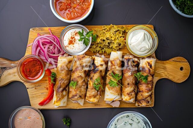 طبق غذائي يحتوي على ساندويش شاورما الدجاج اللذيد مع مجموعة من الخضراوات والصوصات على لوح تقديم خشبي، وجبات الطعام السريعة والشهية في المطاعم السعودية