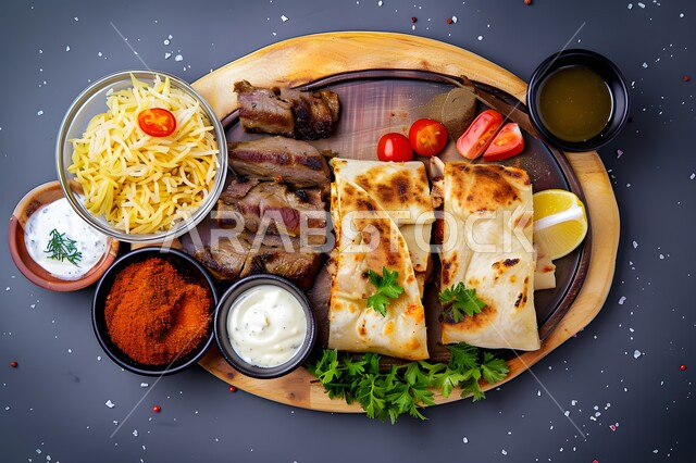 طبق غذائي يحتوي على ساندويش شاورما الدجاج اللذيد مع مجموعة من التوابل والصوصات وقطع اللحم الشهية، وجبات الطعام السريعة والشهية في المطاعم السعودية