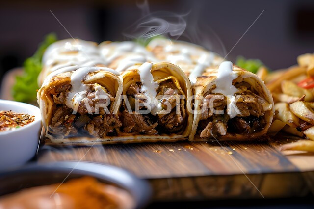 تقديم وجبات الطعام السريعة والشهية في المطاعم السعودية، صورة مقربة لساندويش شاورما الدجاج اللذيذ مع البطاطس المقلية على لوح خشبي، المقبلات والمأكولات العربية اللذيذة