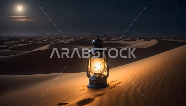 Sand dunes and hills in the Saudi deserts, a view of the bright full moon in the middle of the sky, a luminous metal lantern on the sand in the desert, nature backgrounds in night mode