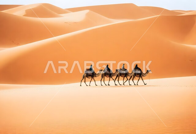 مجموعة من الجمال تسير فوق الكثبان الرملية في الصحراء، استخدام الإبل في التنقل في صحارى المملكة العربية السعودية، المناظر الطبيعية والرمال الذهبية الناعمة، أماكن سياحية صحراوية