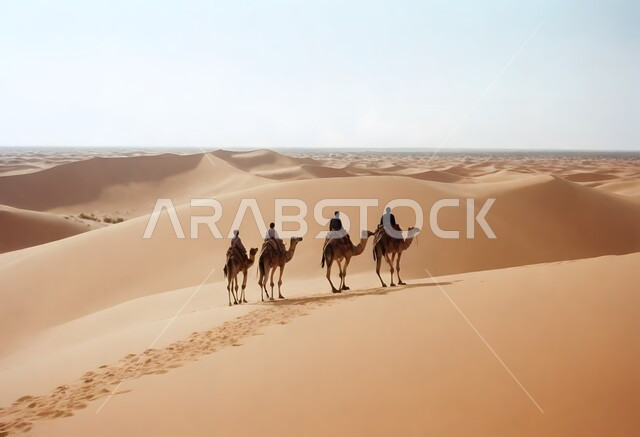 قافلة من الإبل تسير فوق الكثبان الرملية في الصحراء، استخدام الحيوانات في التنقل في صحارى المملكة العربية السعودية، المناظر الطبيعية والرمال الذهبية الناعمة، أماكن سياحية صحراوية