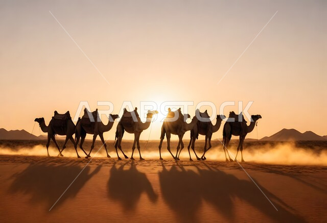 تربية الجمال في المحميات الطبيعية، صورة ظلية لقافلة من الإبل تسير فوق الكثبان الرملية، أماكن سياحية صحراوية في المملكة العربية السعودية، انعكاس أشعة الشمس على رمال الصحراء الذهبية