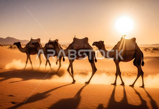 أماكن سياحية صحراوية في المملكة العربية السعودية، انعكاس أشعة الشمس على رمال الصحراء الذهبية، قافلة من الإبل تسير فوق الكثبان الرملية، تربية الجمال في المحميات الطبيعية