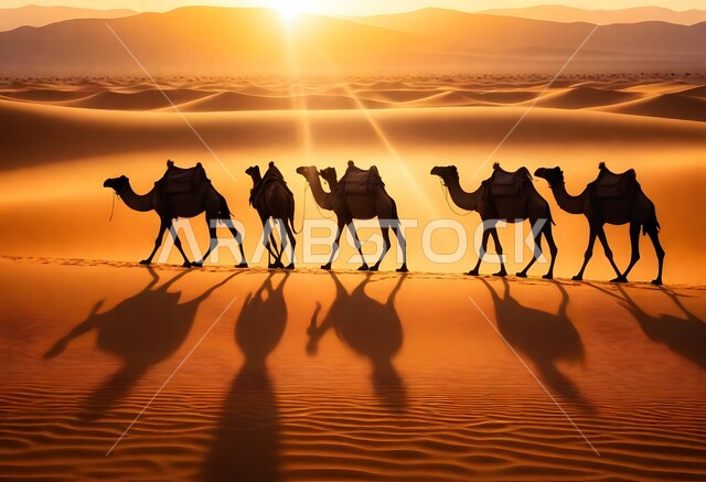 انعكاس أشعة الشمس على رمال الصحراء الذهبية، قافلة من الإبل تسير فوق الكثبان الرملية، أماكن سياحية صحراوية في المملكة العربية السعودية، تربية الجمال في المحميات الطبيعية