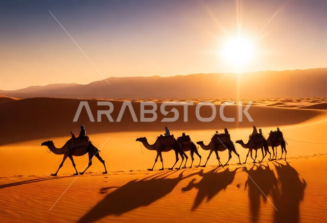 التنقل في صحارى المملكة العربية السعودية باستخدام حيوان الجمل، قافلة من الإبل تسير فوق الكثبان الرملية في الصحراء تحمل على ظهرها مجموعة من الرجال، المناظر الطبيعية والرمال الذهبية الناعمة، أماكن سياحية صحراوية