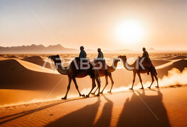 استخدام الحيوانات في التنقل في صحارى المملكة العربية السعودية، قافلة من الإبل تسير فوق الكثبان الرملية في الصحراء تحمل على ظهرها مجموعة من الرجال، المناظر الطبيعية والرمال الذهبية الناعمة، أماكن سياحية صحراوية