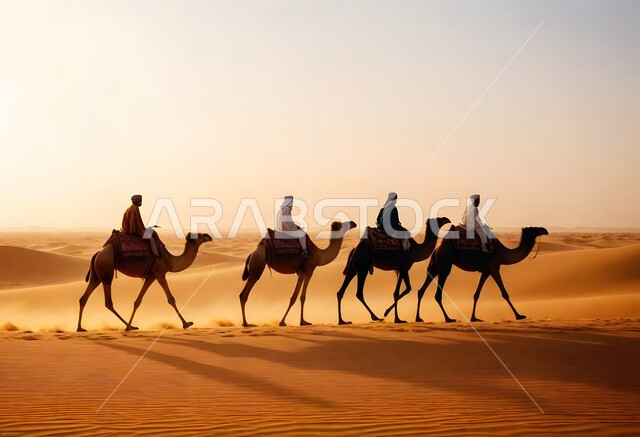 مجموعة من الجمال تسير فوق الكثبان الرملية في الصحراء، استخدام الإبل في التنقل في صحارى المملكة العربية السعودية، المناظر الطبيعية والرمال الذهبية الناعمة، أماكن سياحية صحراوية