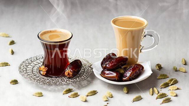 فنجان من القهوة العربية الخليجية مع التمر الشهي وحبات الهيل, أصالة العادات والتقاليد, الاستمتاع بالمشروبات الساخنة, منتجات محلية وطنية, كرم الضيافة وحسن الاستقبال في المملكة العربية السعودية, خلفية  بيضاء