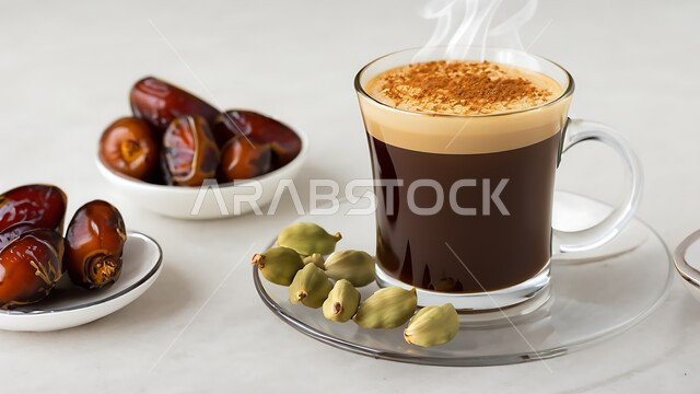 A cup of Arabian Gulf coffee with delicious dates and cardamom seeds, authenticity of customs and traditions, enjoying hot drinks, national local products, warm hospitality and warm reception in the Kingdom of Saudi Arabia, gray background