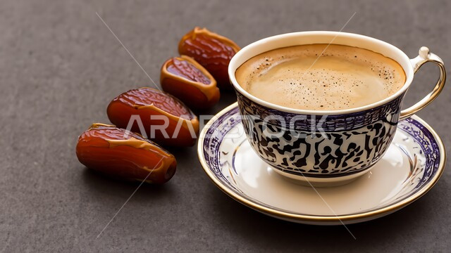 الاستمتاع بالمشروبات الساخنة, فنجان من القهوة العربية الخليجية مع التمر الشهي, أصالة العادات والتقاليد, منتجات محلية وطنية, كرم الضيافة وحسن الاستقبال في المملكة العربية السعودية, خلفية رمادية