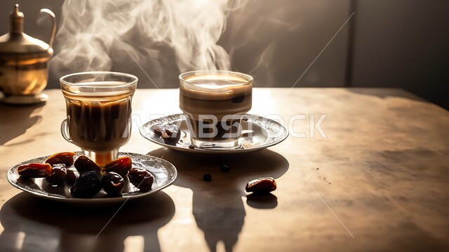 فنجانين من القهوة العربية مع حبات التمر الشهي, الاستمتاع بالجلسات الهادئة والمشروبات الساخنة, منتجات محلية وطنية, فخر الضيافة في المملكة العربية السعودية 