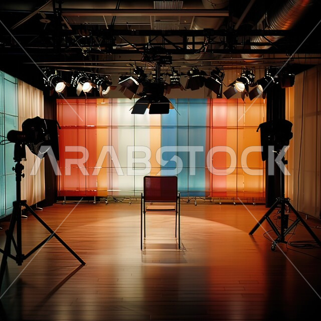 معدات التصوير الحديثة والمتطورة، عرض ثلاثي الأبعاد لاستديو عصري مجهز بإضاءة احترافية، الكاميرات الإلكترونية ذات التقنية العالية، التحضير للمقابلة والإعلان