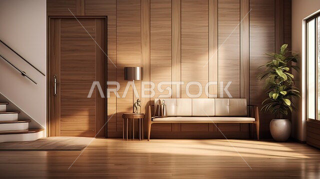 مفهوم الفن المعماري الهندسي في السعودية، الديكورات الداخلية الخشبية باللون البني الفخم، التصميم الحديث لباب خشبي داخل منزل فاخر، فلل سكنية بتصاميم عصرية، اكسسوارات وتحف وأثاث منزلي راقي
