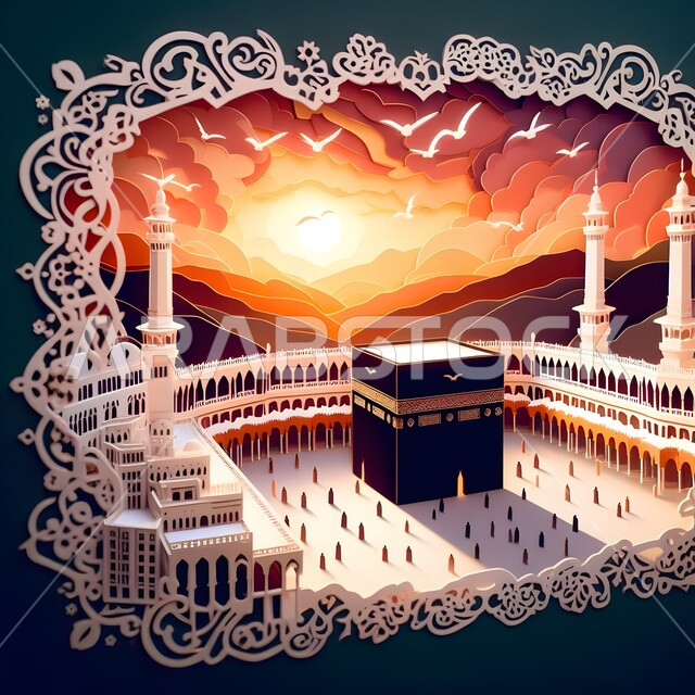 أماكن العبادة والتقرب إلى الله تعالى, التصاميم والأعمال الفنية من الورق المقوى للكعبة المشرفة, المسجد الحرام في مكة المكرمة, قدوم المسلمين من شتى أنحاء العالم لأداء مناسك الحج والعمرة, معالم اسلامية مقدسة