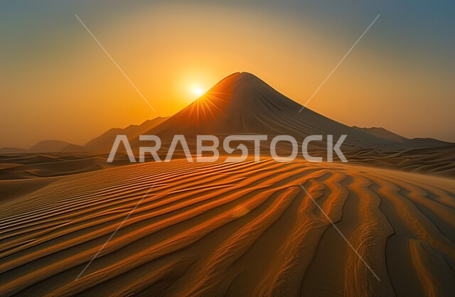 Badia areas and the natural desert environment, sand formations and formations in the desert of the United Arab Emirates, the shadows of sand dunes at sunset, plateaus and hills with soft golden sand.