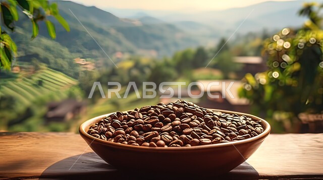 تحضير واعداد القهوة الطازجة، جودة الصناعات والمحاصيل الغذائية الوطنية في المملكة العربية السعودية، صورة مقربة لبذور وحبات البن المحمصة باللون البني الداكن في وعاء على طاولة خشبية، صنع المشروبات الساخنة اللذيذة من حبوب البن، خلفية الطبيعة