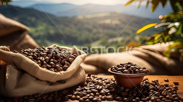 صنع المشروبات الساخنة اللذيذة من حبوب البن، جودة الصناعات والمحاصيل الغذائية الوطنية في المملكة العربية السعودية، صورة مقربة لبذور وحبات البن المحمصة باللون البني الداكن في وعاء وكيس قش على طاولة خشبية، تحضير واعداد القهوة الطازجة، خلفية الطبيعة