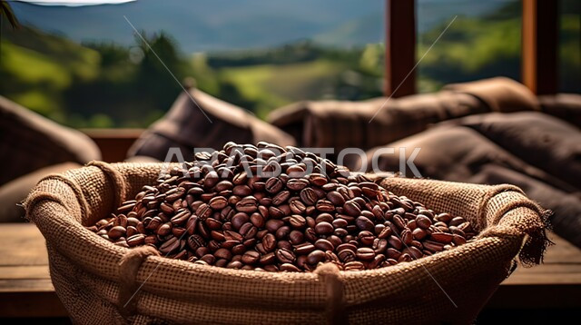 اعداد وتحضير القهوة الطازجة، جودة الصناعات والمحاصيل الغذائية الوطنية في المملكة العربية السعودية، صورة مقربة لبذور وحبات البن المحمصة باللون البني الداكن في وعاء من القش على طاولة خشبية، صنع المشروبات الساخنة اللذيذة من حبوب البن، خلفية الطبيعة