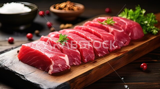 مكونات الطعام الرئيسية الجاهزة للطهي، صورة مقربة لقطع من اللحم البقري النيء الطازج مع التوابل والأعشاب على لوح خشبي، لحوم الضأن الحمراء المتبلة، المنتجات والمواد الغذائية الصحية