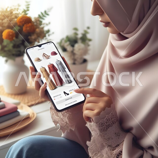 Using modern and advanced devices and technologies, browsing mobile applications to buy products, smart and safe online shopping from stores and electronic stores, a picture from the side of a veiled Saudi Gulf Arab woman wearing a casual outfit, holding a mobile phone in her hand to buy Eid clothes.