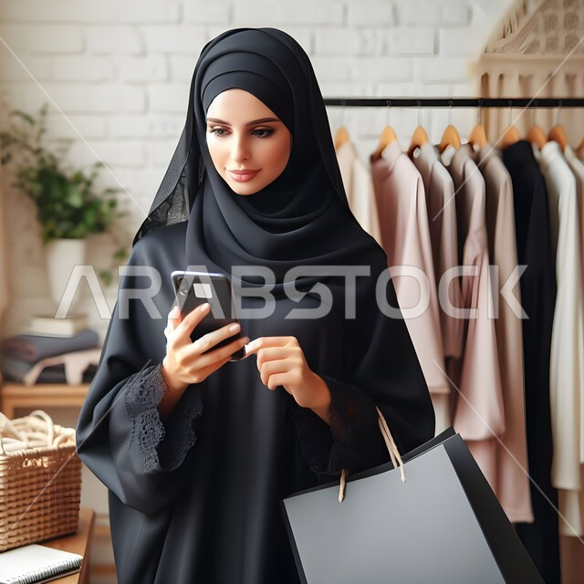 التسوق عبر الانترنت الذكي والآمن من المحلات والمتاجر الالكترونية، شابة عربية خليجية سعودية محجبة ترتدي العباءة تحمل بيدها الهاتف محمول لاقتناء ملابس العيد, استخدام الأجهزة والتقنيات الحديثة والمتطورة, تصفح تطبيقات الجوال لشراء المنتجات