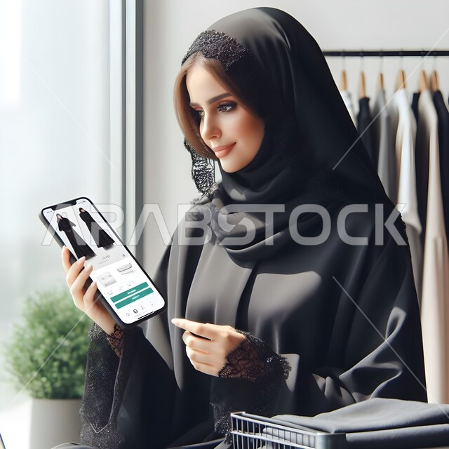 التسوق عبر الانترنت الذكي والآمن من المحلات والمتاجر الالكترونية، صورة مقربة لإمرأة عربية خليجية سعودية محجبة ترتدي العباءة تحمل بيدها الهاتف محمول لاقتناء ملابس العيد, استخدام الأجهزة والتقنيات الحديثة والمتطورة, تصفح تطبيقات الجوال لشراء المنتجات