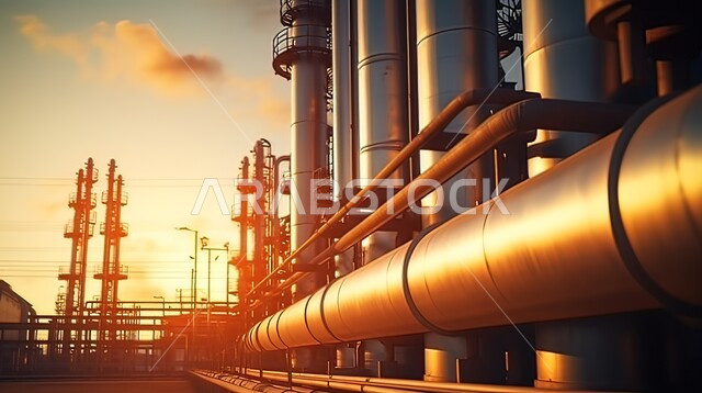 التقنيات الحديثة في انتاج الزيوت والغاز ، مصانع تكرير البترول في وقت غروب الشمس في المملكة العربية السعودية، جودة الآلات والمعدات في معامل استخرج النفط، مفهوم العمل في القطاع الهندسي الصناعي